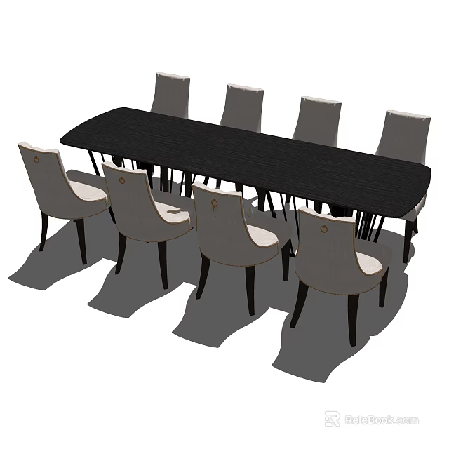 Modern Black Rectangular Dining Table Set With Eight Light Gray Chairs 3d model