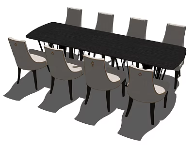Modern Black Rectangular Dining Table Set With Eight Light Gray Chairs 3d model
