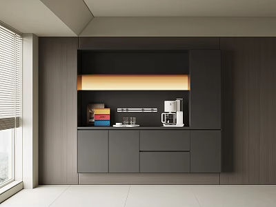 Modern Dark Wood Sideboard With Coffee Machine Books And LED Lighting In Bright Room 3d model