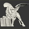 White Winged Lion Statue With Book Under Paw On Reflective Surface 3d model