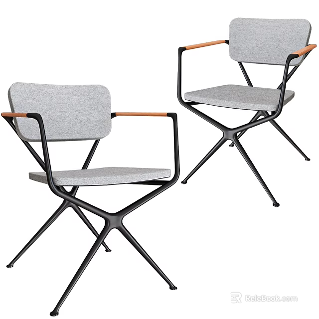 Stylish Modern Accent Chairs With Gray Upholstery Wooden Armrests And Black Metal Frame 3d model 
