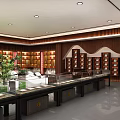 Traditional Exhibition Hall Interior With Landscape Wall Green Plants Display Counters And Bookshelves