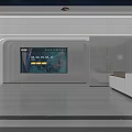 Modern Reception Desk in Minimalist Office With Large Display Screen and Light Colored Background
