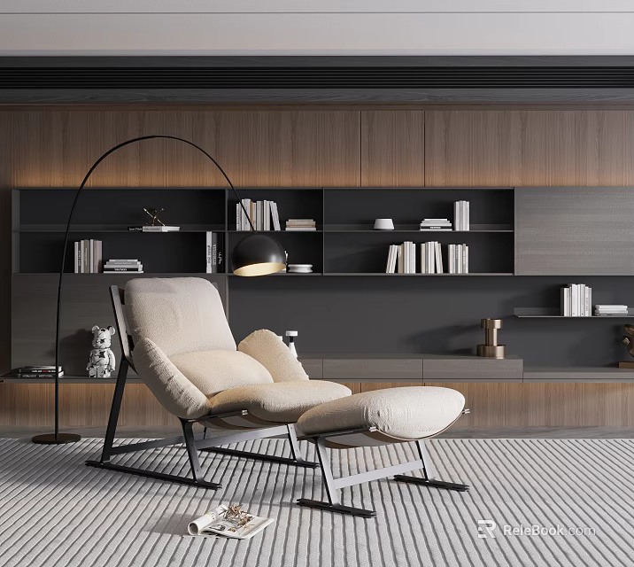 Modern Beige Recliner Chair With Matching Ottoman Wooden Dark Bookshelf Floor Lamp And Striped Carpet 3d model 