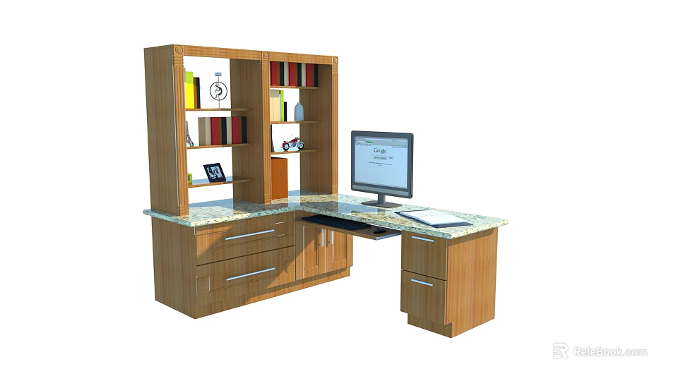 Wooden Office Desk With Computer Monitor Spacious Desktop Bookshelf Drawers And Decorative Items 3d model 