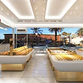 Modern Bright Bakery With Pastry Display Cases Seating And Palm Trees Outside