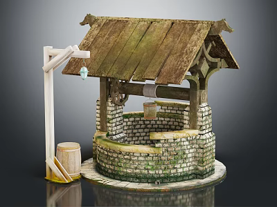 Garden Ornament Brick Well With Wooden Roof Bucket And Lamp Post Design 3d model