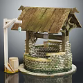Garden Ornament Brick Well With Wooden Roof Bucket And Lamp Post Design