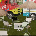 Garden Landscape With Food Trucks Green Grass Outdoor Seating String Lights Mountain Backdrop In Evening