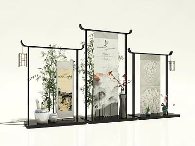 Traditional Chinese Screen Display With Calligraphy Landscape Painting And Bamboo Decorations 3d model
