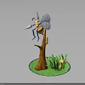 Cartoon Bee 3D Model Standing On Wooden Stump With Green Grass And Small Yellow Figure