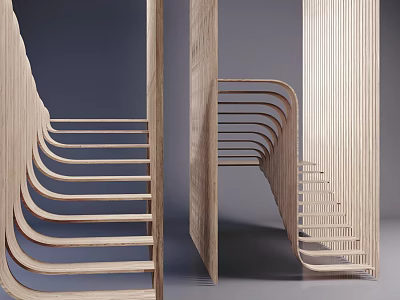 Modern Wooden Curved Staircase with Curved Handrail and Steps in Minimalist Interior 3d model