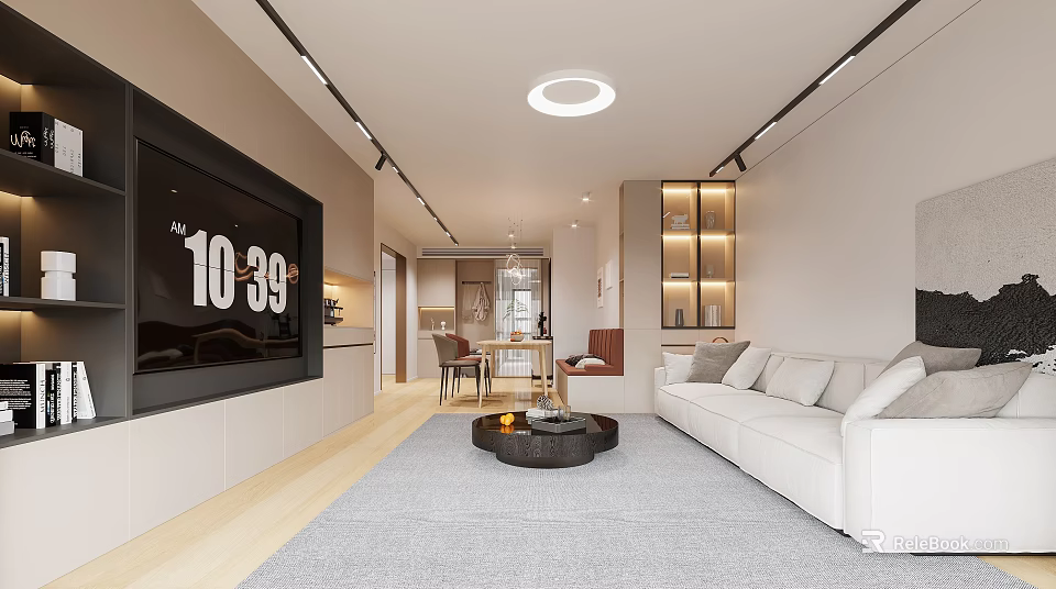Modern Living and Dining Room Interior With Open Layout White Sofa TV Dining Table Lighting 3d model 