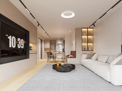 Modern Living and Dining Room Interior With Open Layout White Sofa TV Dining Table Lighting 3d model