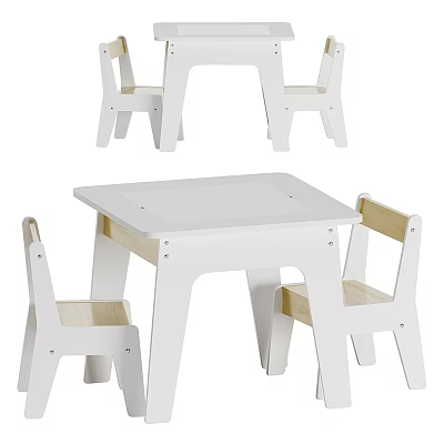 White Wooden Kids Table And Chairs Set Simple Design For Children Playroom 3d model
