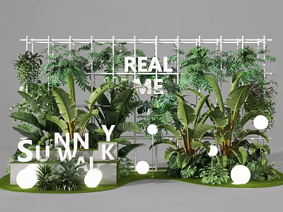 Lush Tropical Green Plants With White Grid Frame And Spherical Ornaments 3d model