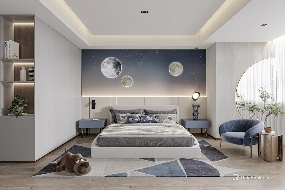 Cozy Kids Room With Starry Sky Mural Bed Geometric Rug Stuffed Animal And Blue Chair 3d model 