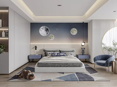 Cozy Kids Room With Starry Sky Mural Bed Geometric Rug Stuffed Animal And Blue Chair 3d model