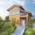 Two Story Wooden House With Black Roof Large Glass Windows White Railings And Lawn