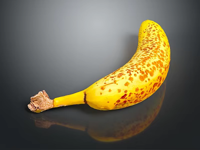 Ripe Yellow Banana with Brown Spots and Stem on Black Background with Reflection 3d model