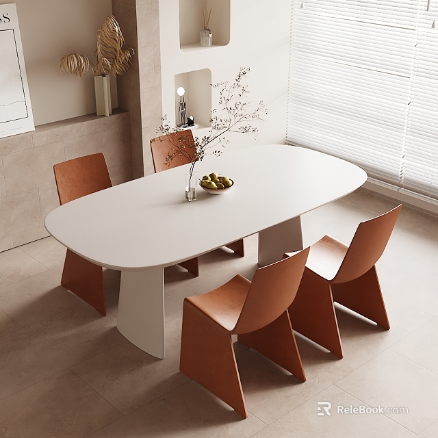 Modern Minimalist Dining Table Set With White Oval Top And Brown Chairs 3d model 