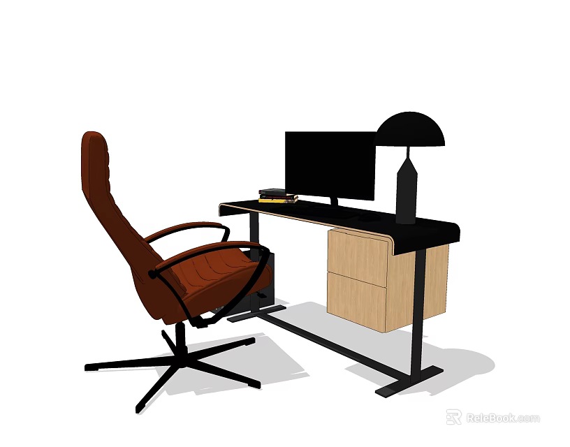 Modern Office Desk Setup With Computer Monitor Black Lamp Brown Chair And Wooden Drawer 3d model 