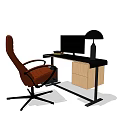 Modern Office Desk Setup With Computer Monitor Black Lamp Brown Chair And Wooden Drawer