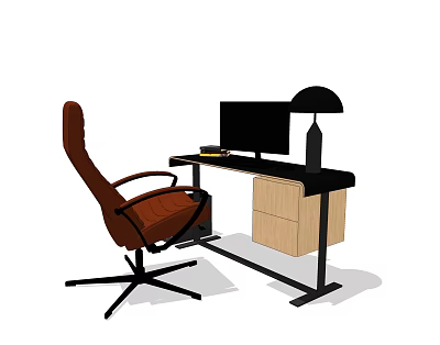 Modern Office Desk Setup With Computer Monitor Black Lamp Brown Chair And Wooden Drawer 3d model