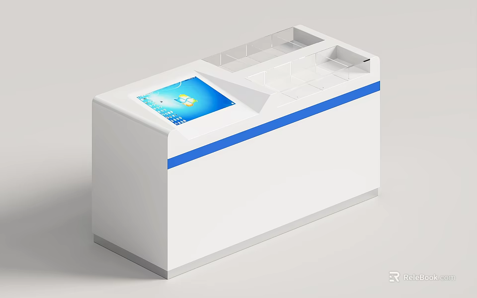 Modern White Functional Desk With Blue Trim Integrated Screen And Spacious Storage Compartments 3d model 
