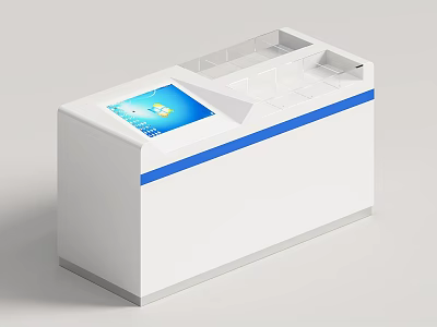 Modern White Functional Desk With Blue Trim Integrated Screen And Spacious Storage Compartments 3d model