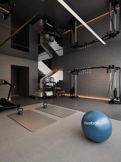 Modern Fitness Gym Interior With Treadmill Yoga Mats Exercise Ball And Training Equipment 3d model