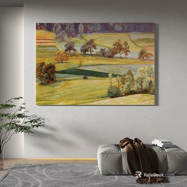 Abstract Painting With Landscape Elements Green Fields Brown Trees And River On Interior Wall 3d model 