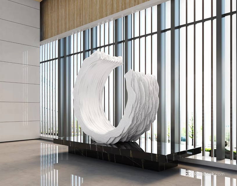 White Abstract Curved Sculpture in Modern Lobby with Vertical Striped Windows on Black Base 3d model 