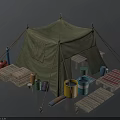 Camping Tent Setup With Green Canopy Buckets Crates Planks And Bottles