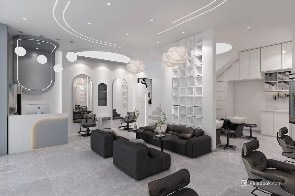 Modern Beauty Hair Salon Interior With Sofas Chairs Mirrors And Display Shelves 3d model 