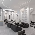 Modern Beauty Hair Salon Interior With Sofas Chairs Mirrors And Display Shelves