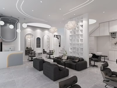 Modern Beauty Hair Salon Interior With Sofas Chairs Mirrors And Display Shelves 3d model