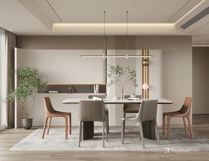 Elegant Modern Dining Room Interior With Round Table Chairs Pendant Lights And Plants 3d model 