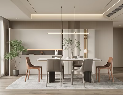 Elegant Modern Dining Room Interior With Round Table Chairs Pendant Lights And Plants 3d model
