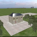 Two Story Detached Villa With Blue Roof Beige Exterior Porch Steps Front Lawn And Trees