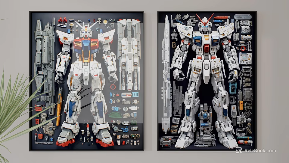 Abstract Painting of Gundam Model Featuring White Red Blue Parts on Dark Display Background 3d model 