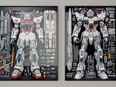 Abstract Painting of Gundam Model Featuring White Red Blue Parts on Dark Display Background 3d model