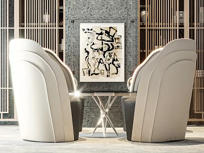 Modern Upholstered Leisure Chairs With Abstract Wall Art Metal Frame Table And Gray Wall 3d model