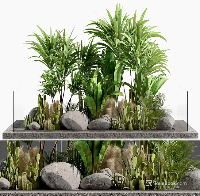 Lush Tropical Shrubs With Green Plants Stones And Elevated Gray Platform 3d model