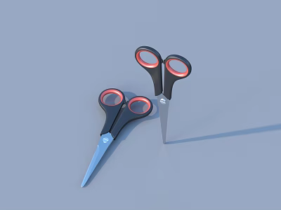 Black Handle Scissors With Red Finger Loops And Blue Blades On Gray Background 3d model