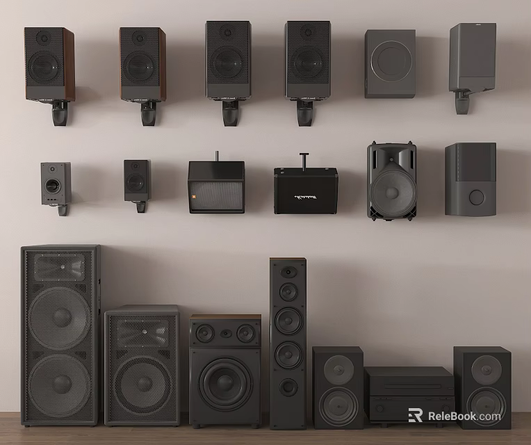 Various Headphones And Speakers In Different Sizes Wall Mounted And Floor Standing Styles 3d model 