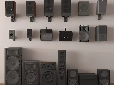 Various Headphones And Speakers In Different Sizes Wall Mounted And Floor Standing Styles 3d model