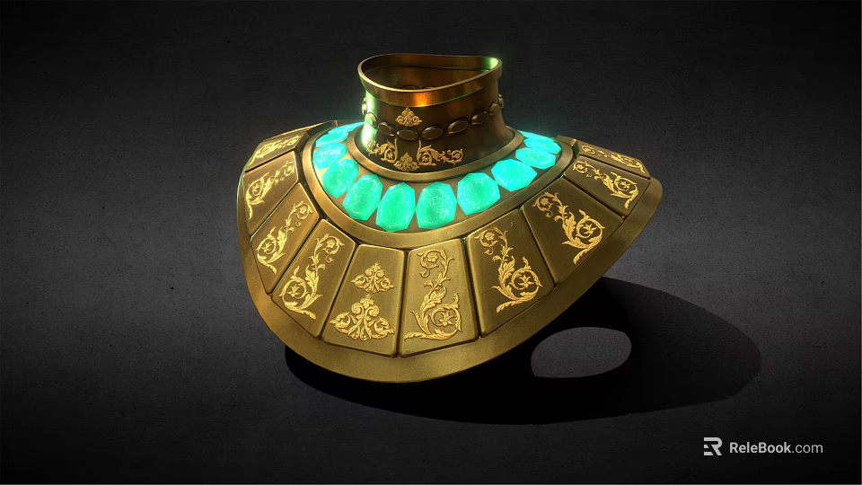 Antique Gold Collar Jewelry With Green Gemstones And Intricate Floral Carvings 3d model 