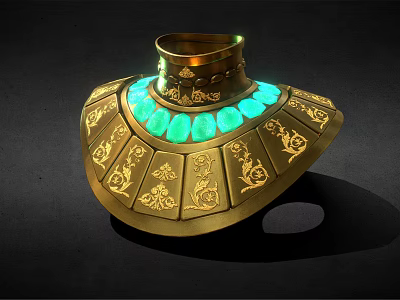Antique Gold Collar Jewelry With Green Gemstones And Intricate Floral Carvings 3d model