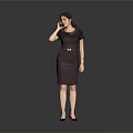 Woman in Brown Dress Talking on Phone Against Gray Background Wearing Black Heels and Ponytail